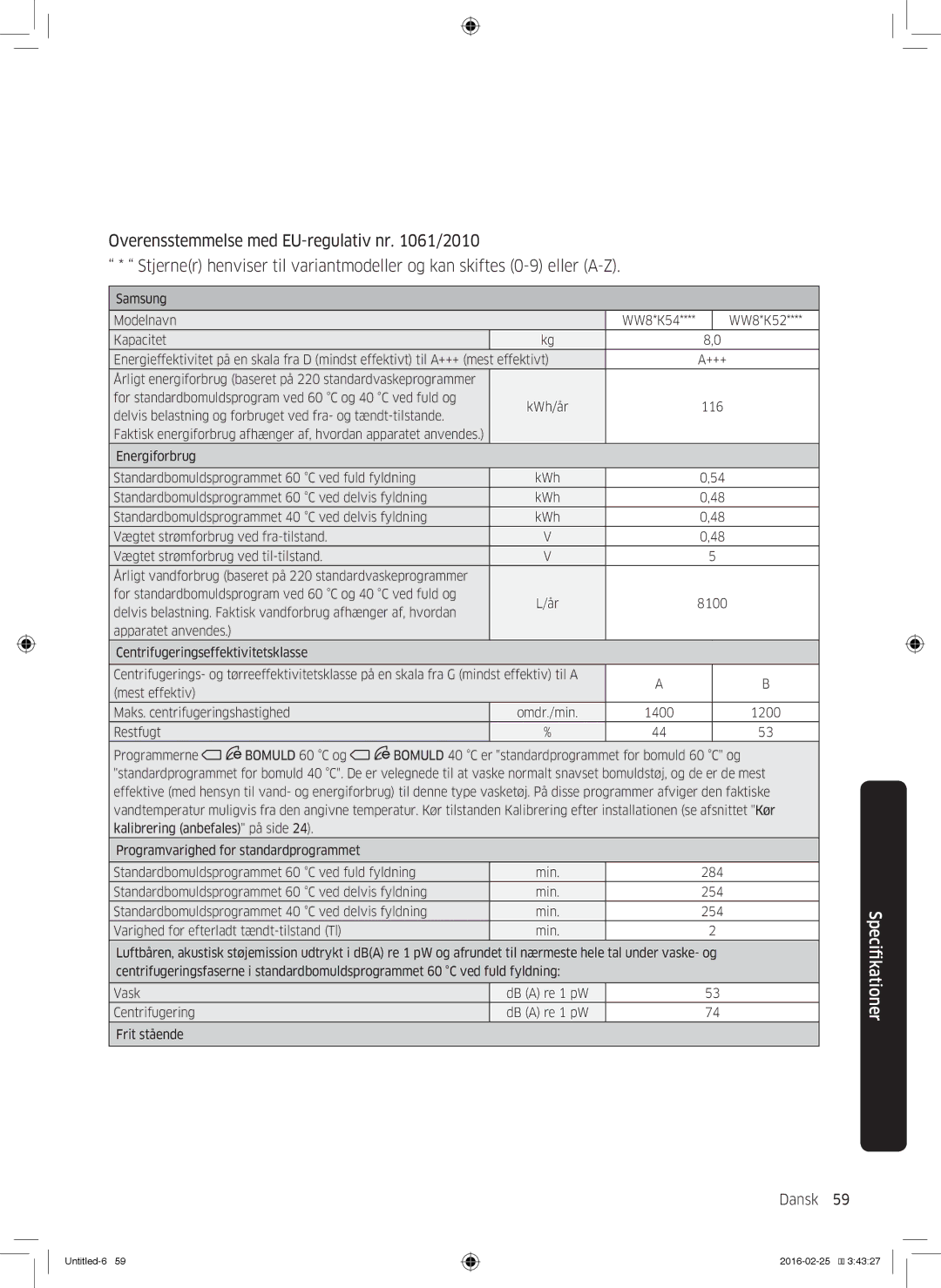 Samsung WW70K5400UW/EE, WW80K5400UW/EE, WW80K5400WW/EE, WW90K5400WW/EE manual Dansk 59  